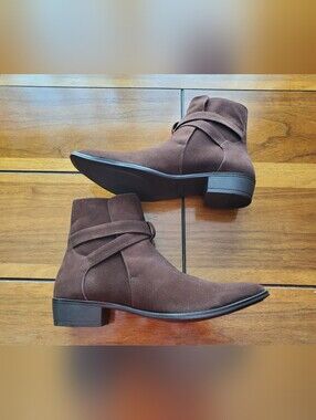 Men's Chocolate Brown Suede Ankle Boots with Wrap Strap